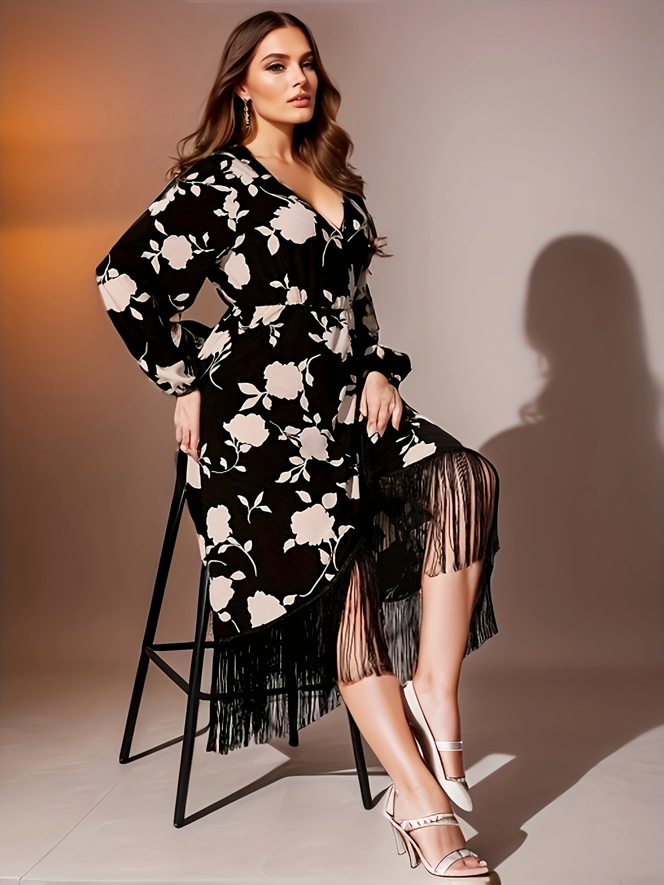 Women's Plus Floral Lantern Sleeve Fringe Dress