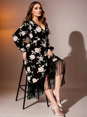 Women's Plus Floral Lantern Sleeve Fringe Dress