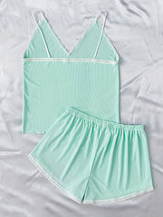 Lace Trim Lounge Set V Neck Cami Top & Elastic Waistband Shorts