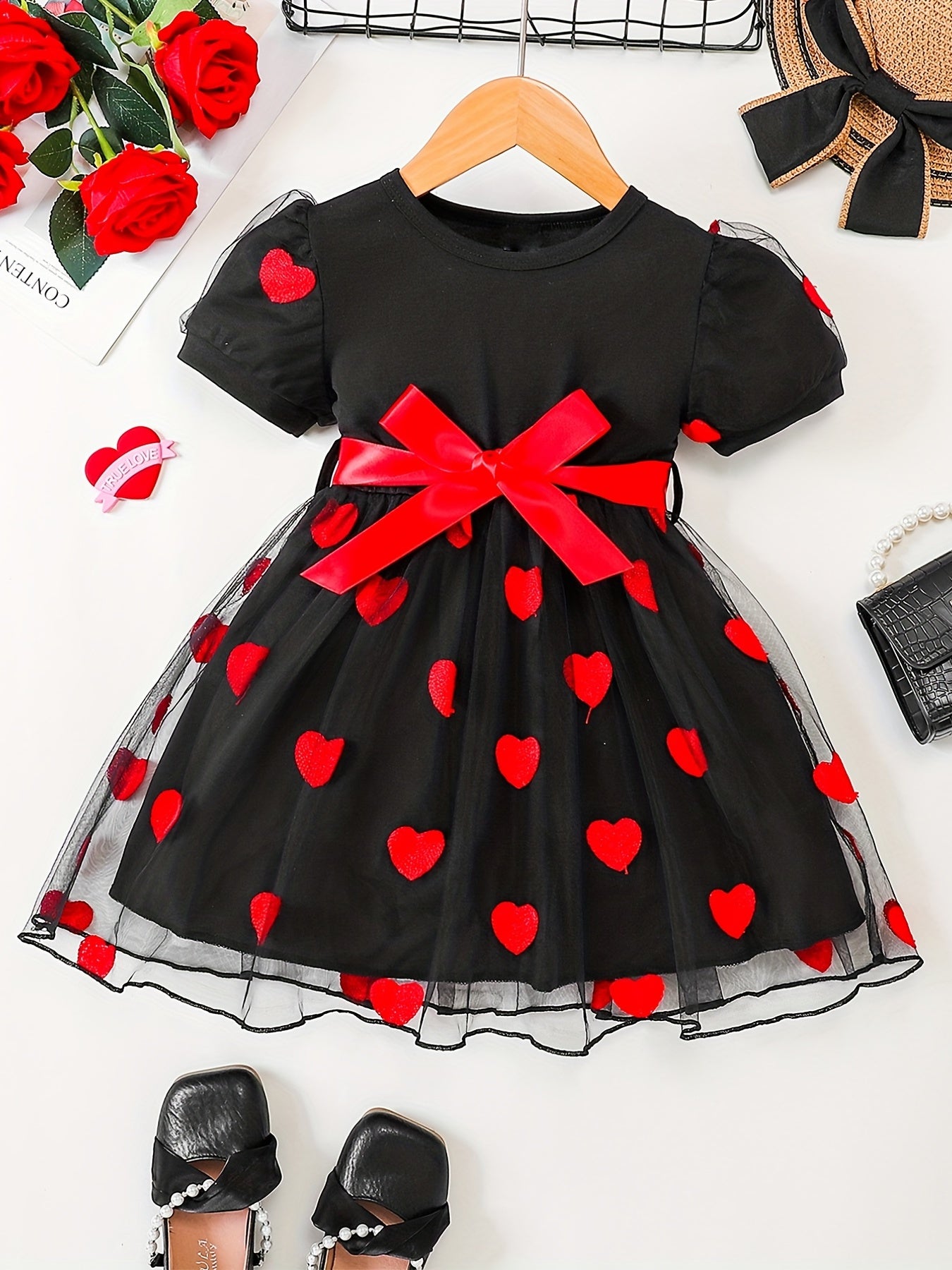 Toddler Girls Heart Graphic Belted Tulle Princess Dress For Party