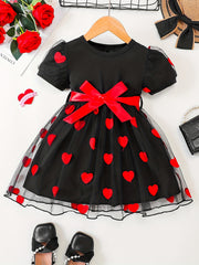 Toddler Girls Heart Graphic Belted Tulle Princess Dress For Party