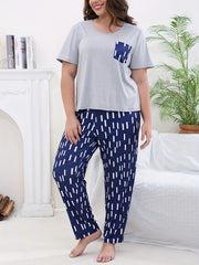 Casual Pajama Set Solid Short Sleeve Tee & Striped Pants