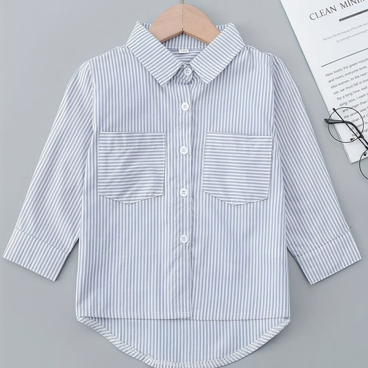 Girls Stripe Creative Top Long Sleeve Lapel Shirt