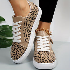 Leopard Print Skate Shoes Zipper Lace Up Low Top Sneakers Flat Walking Shoes