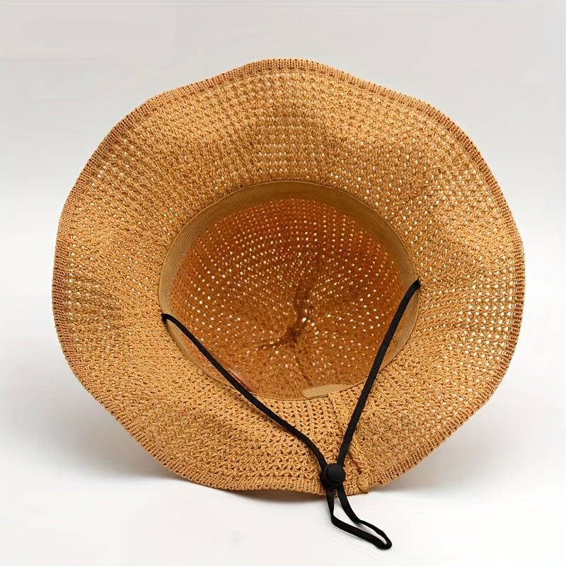 Ruffles Hollow Out Sun Hat Solid Floppy Bucket Hat Bowknot Decor Crochet