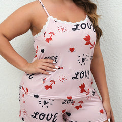 Flower & Letter Print Lace Cami Top & Shorts Pajama Set