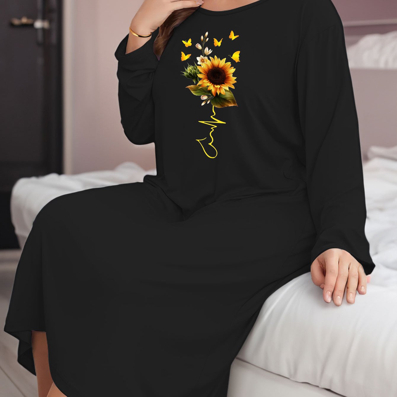 Sunflower & Butterfly Print Long Sleeve Lounge Dress