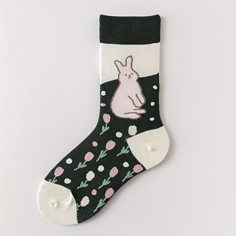 4 Pairs Bunny & Floral Print Socks Women's Stockings
