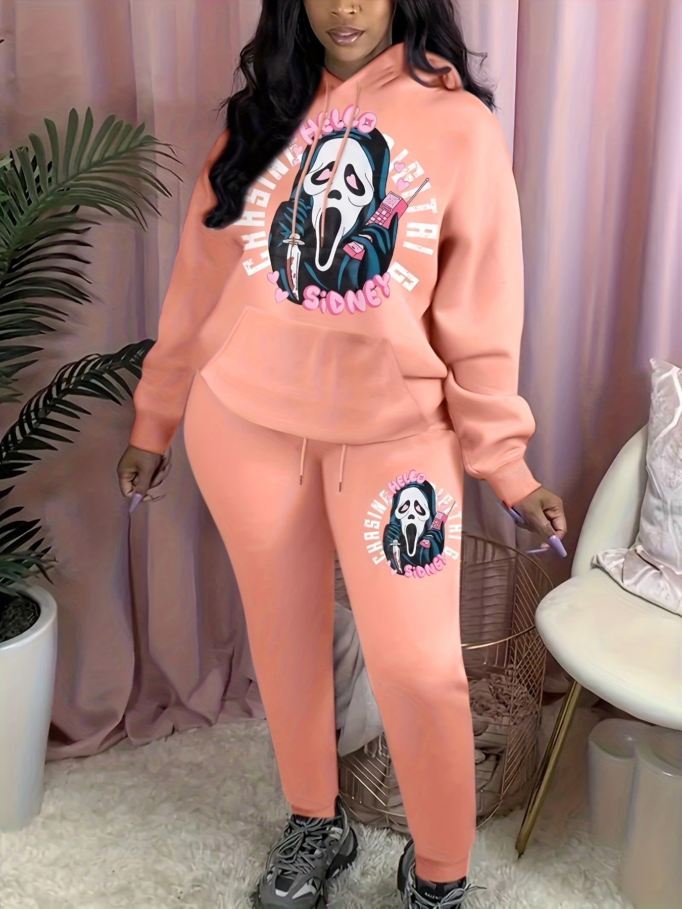 Plus Size Grim Reaper Print Hoodie & Joggers Set