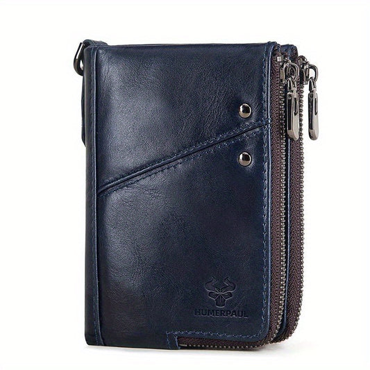 RFID Card Holder Leather Money Bag Double Zipper Male Clutch