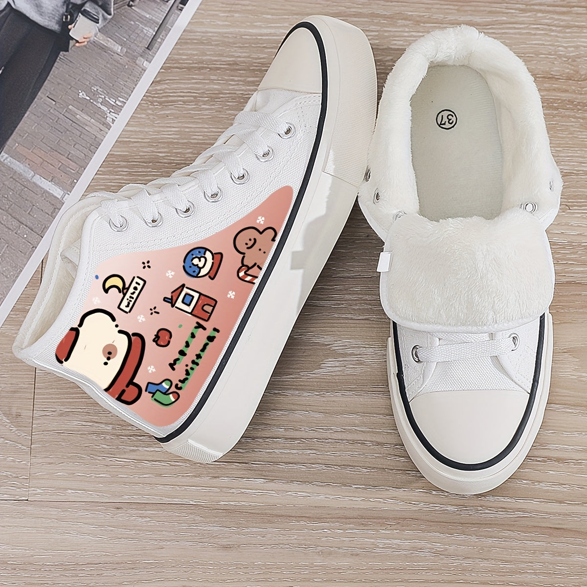 Christmas Cartoon Print Plush Lined Thermal Chunky Canvas Sneakers