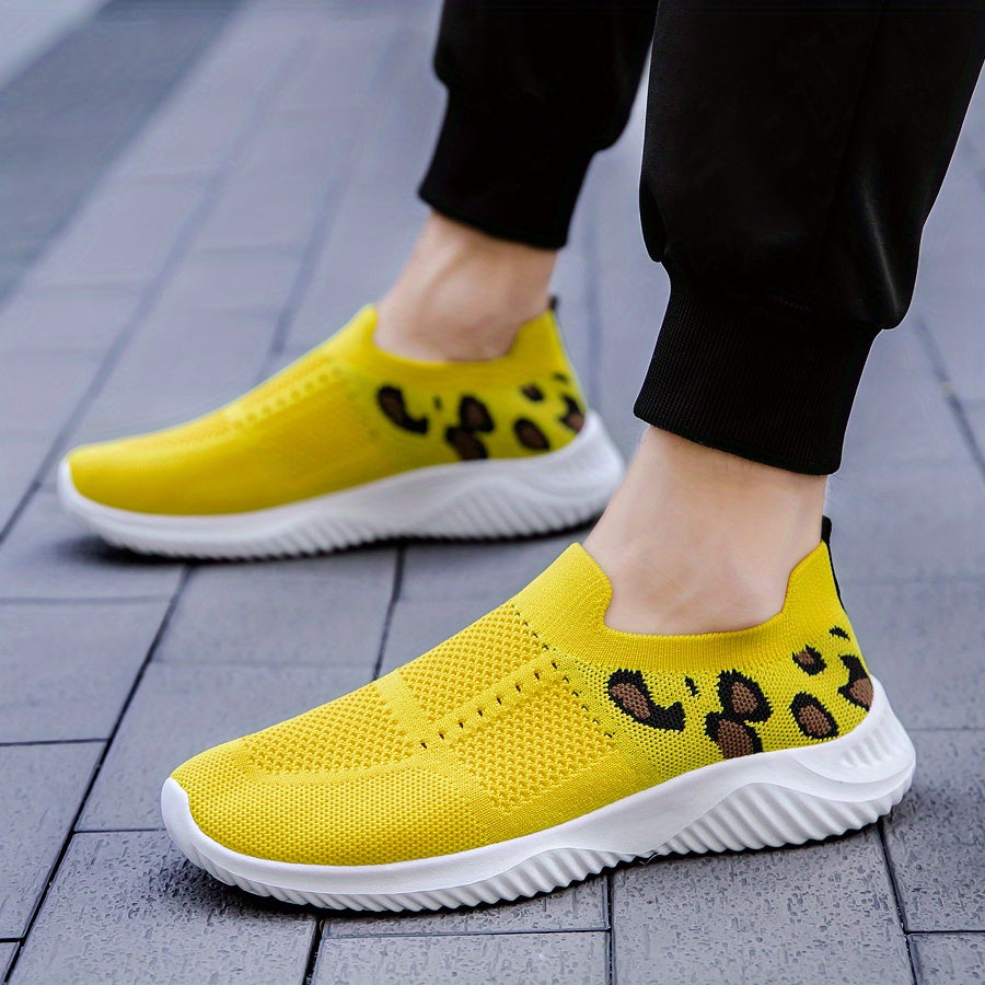 Leopard Print Knit Sock Shoes Lightweight Slip On Sports Running Shoes
