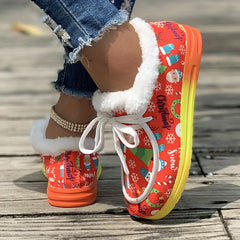 Women's Christmas Snow Boots Snowman Prints Winter Warm Lace-up Shoes