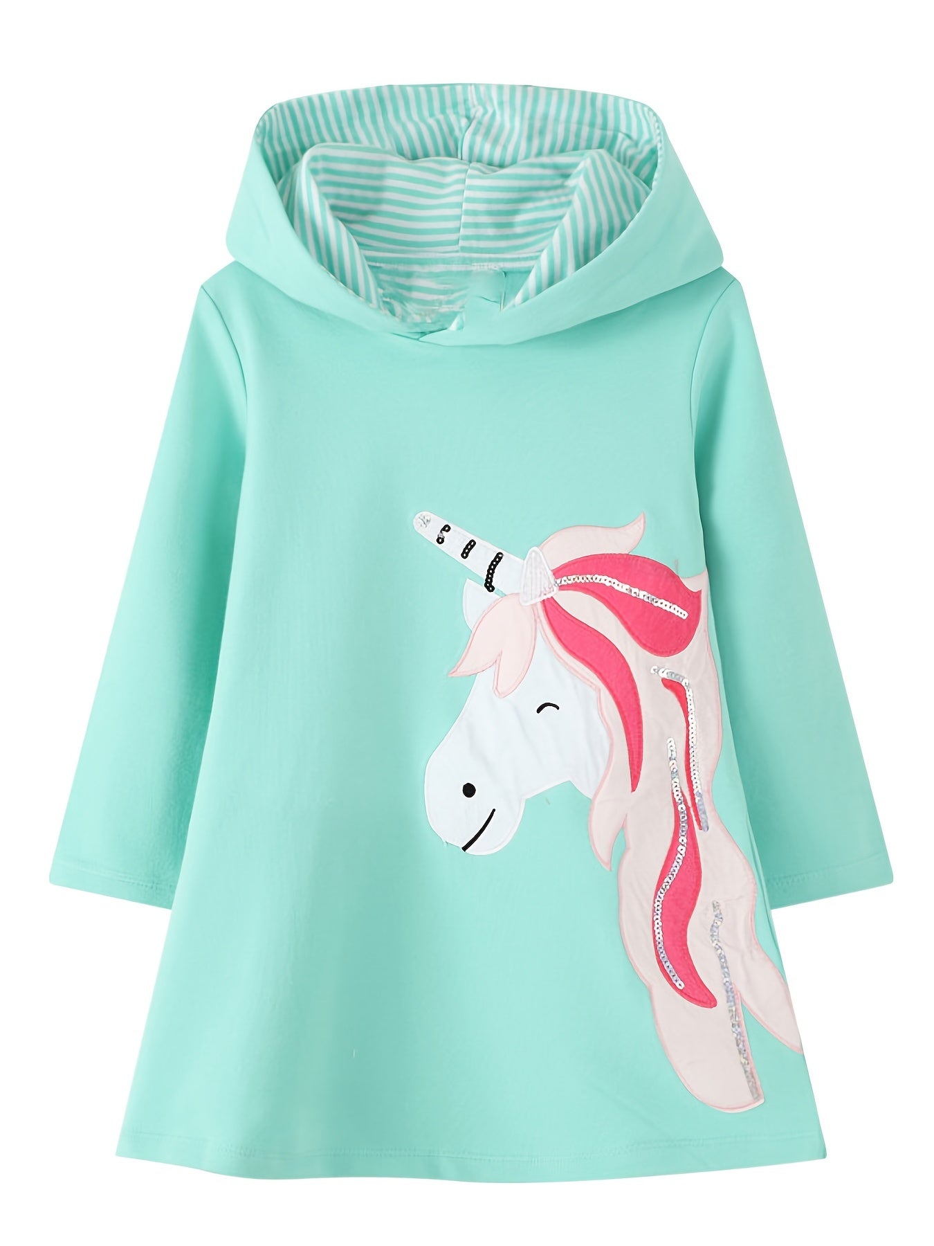 Girls' Unicorn Pattern Long Sleeve Sweatshirt Dress Cotton Hooded Dress