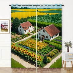 2pcs Cartoon Sunflower Village Curtain - Window Curtain for Outdoor Shelter