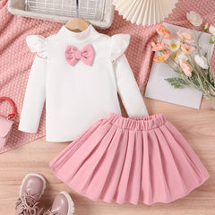 Girl's Bowknot Decor Outfit Ribbed Top & Pleated Skirt Set
