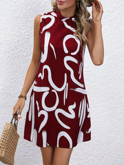 Brush Print Mock Neck Sleeveless Dress