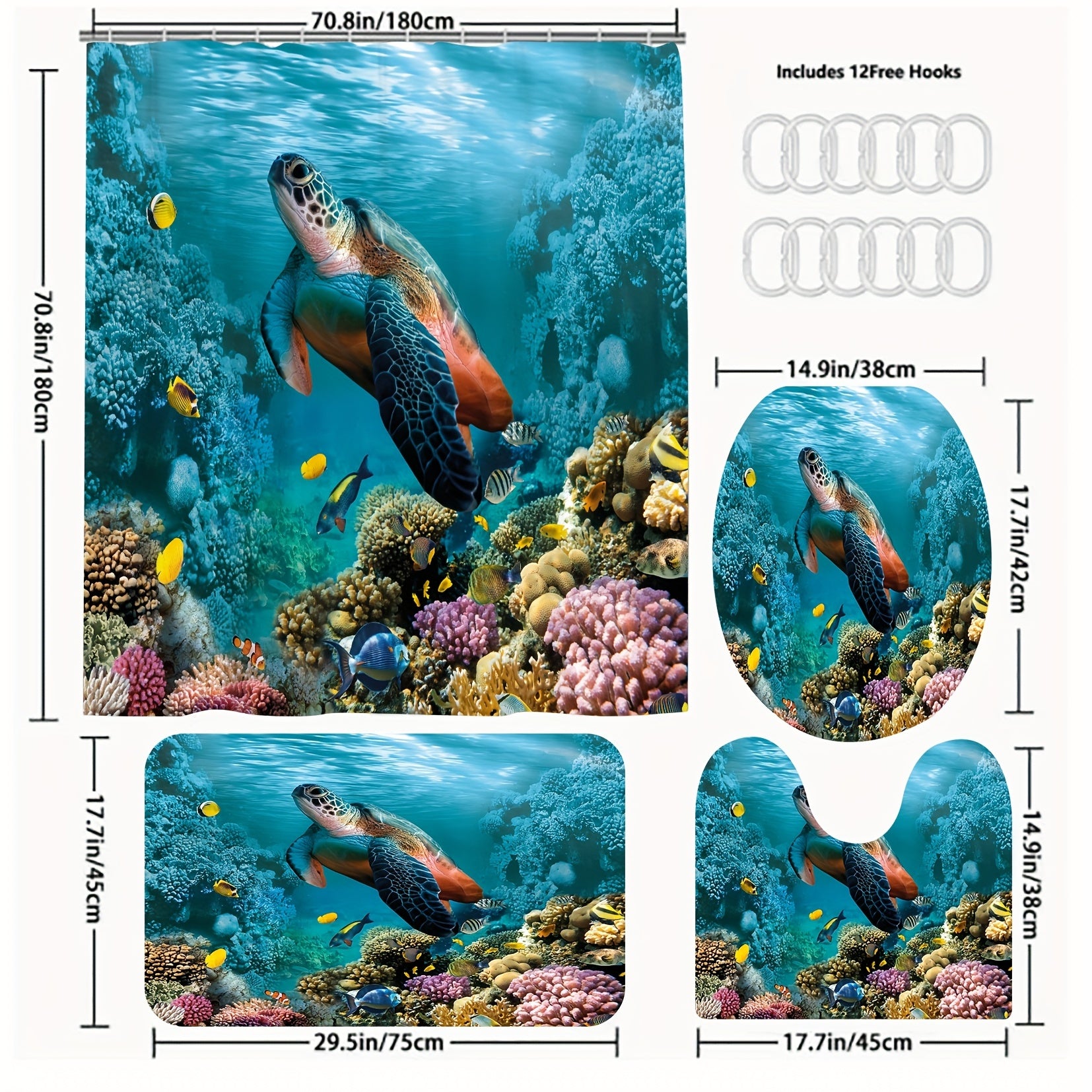 4pcs Waterproof Turtle Shower Curtain Set with 12 Hooks