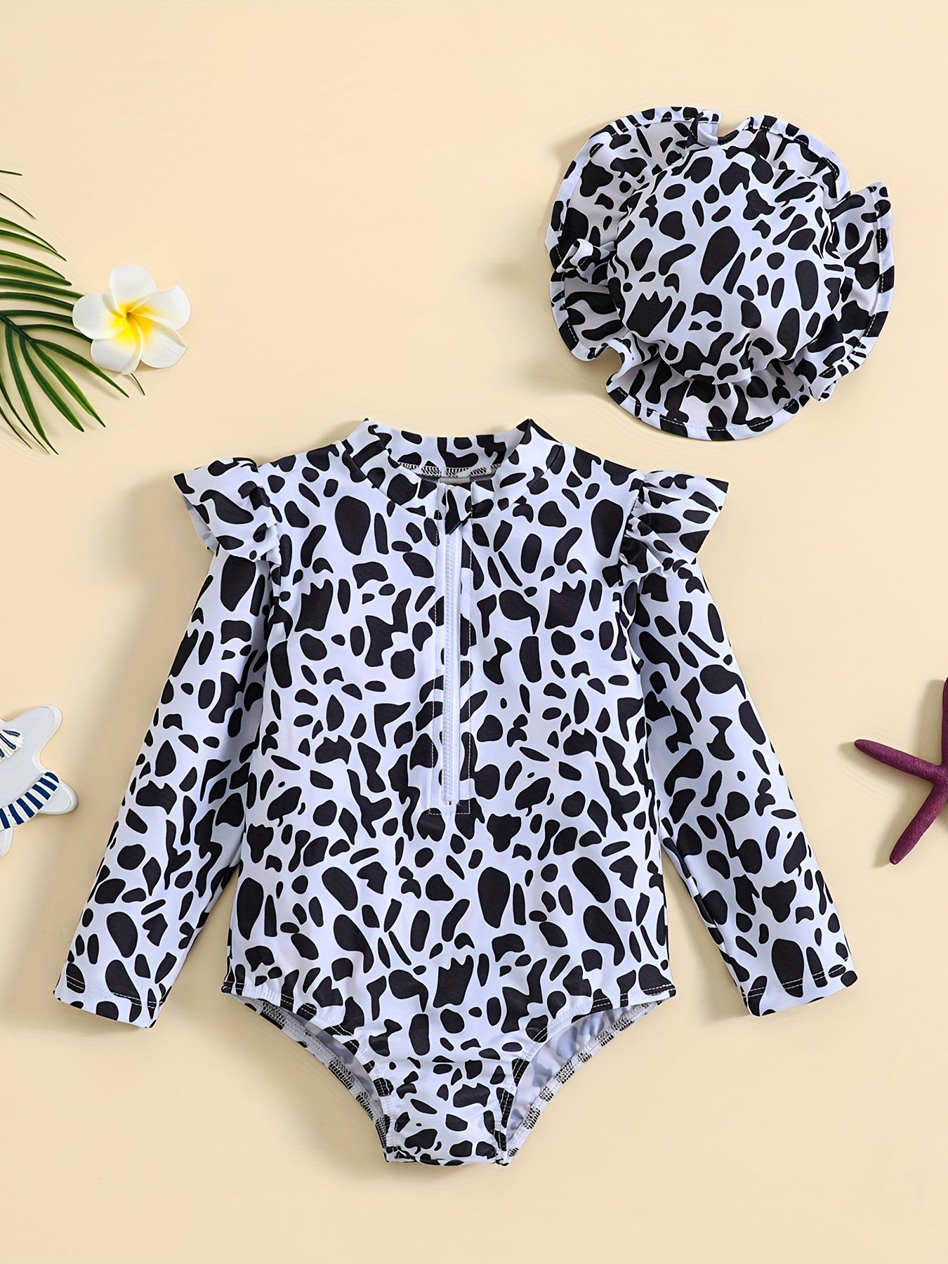 Girls Hat & Swimsuit Set Long Sleeve Zipper Bathing Suit