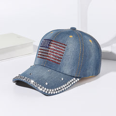 Denim Rhinestone Flag Baseball Cap Outdoor Adjustable Casual Style Man Women Hat