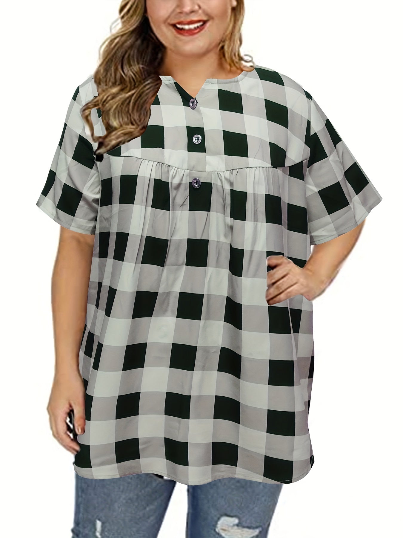 Gingham Print Short Sleeve Blouse
