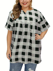 Gingham Print Short Sleeve Blouse