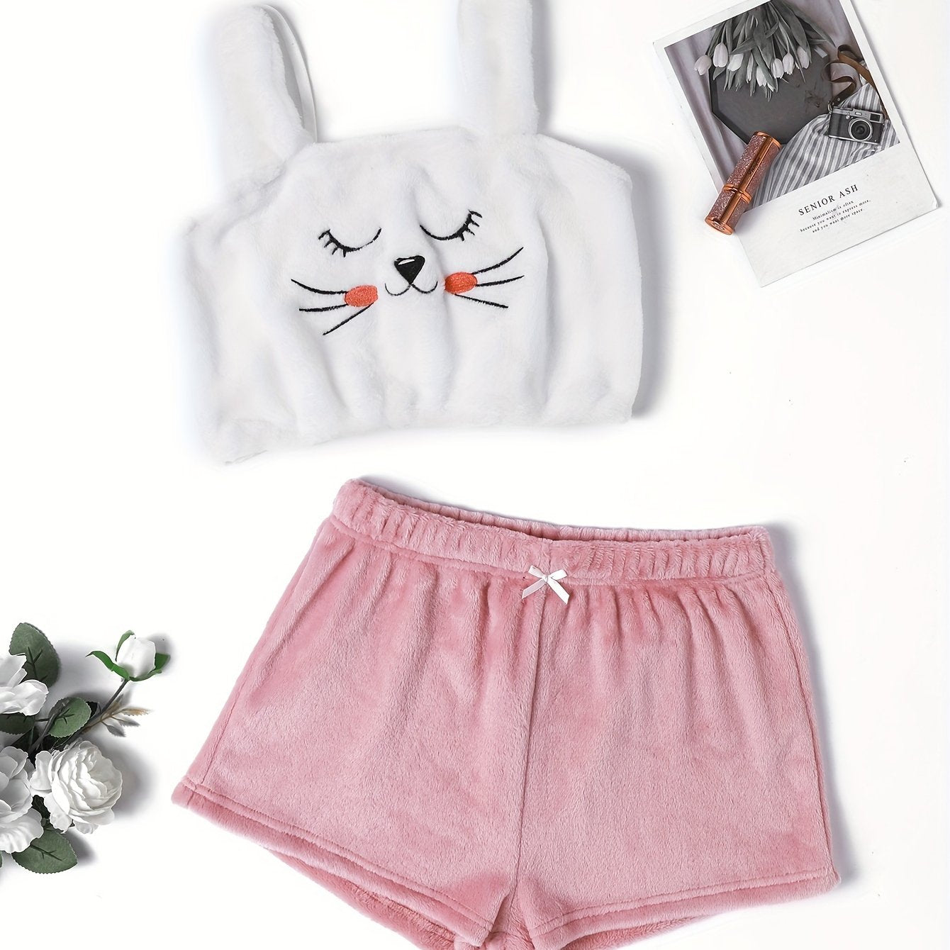 Cartoon Pattern Fuzzy Pajama Set Cami Top & Shorts Women's Sleepwear
