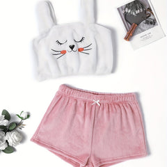 Cartoon Pattern Fuzzy Pajama Set Cami Top & Shorts Women's Sleepwear