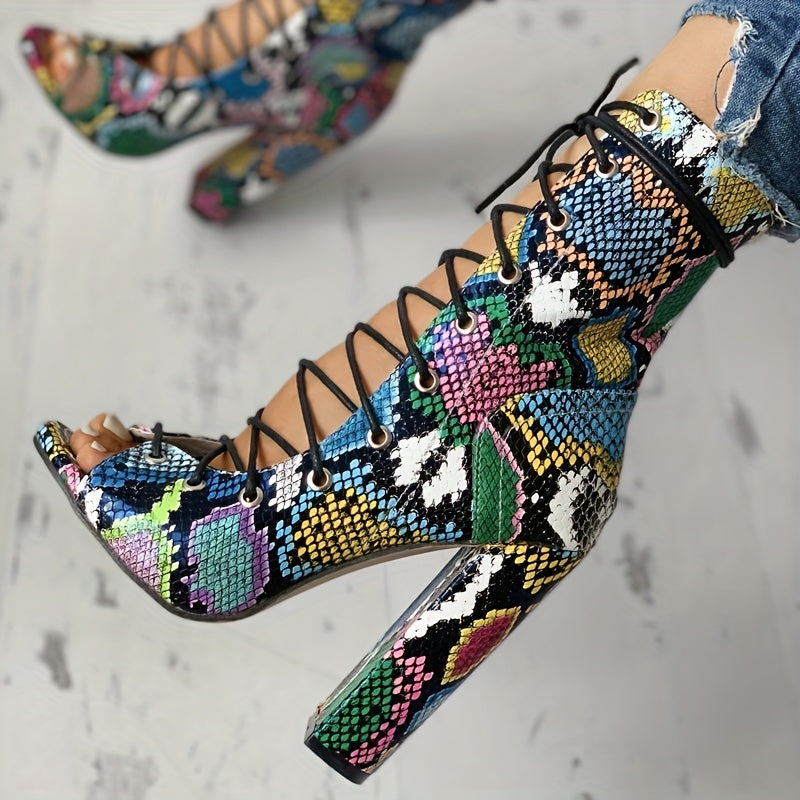 Snakeskin Sandals Boots Lace Up Peep Toe Chunky Heel Shoes