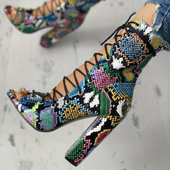 Snakeskin Sandals Boots Lace Up Peep Toe Chunky Heel Shoes