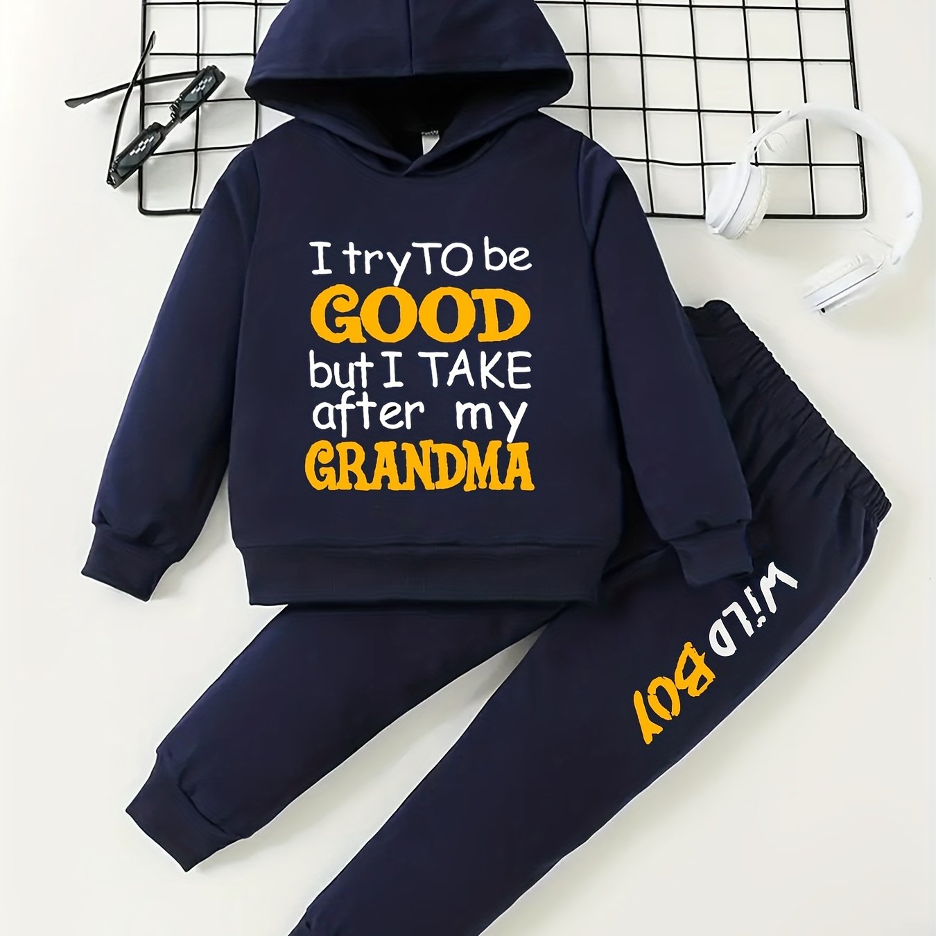 Boy's Hoodie & Sweatpants Set I TRY TO BE GOOD Print Street Style Outfits