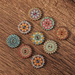 100pcs Bohemian Floral Button Retro Cartoon Wooden Buckle DIY Decoration