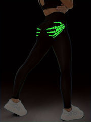 Fluorescent Halloween Skeleton Hands Print Sports Leggings