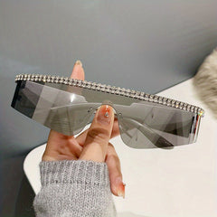 Y2K Rimless Wrap Around Sunglasses Rhinestone Gradient Lens UV400