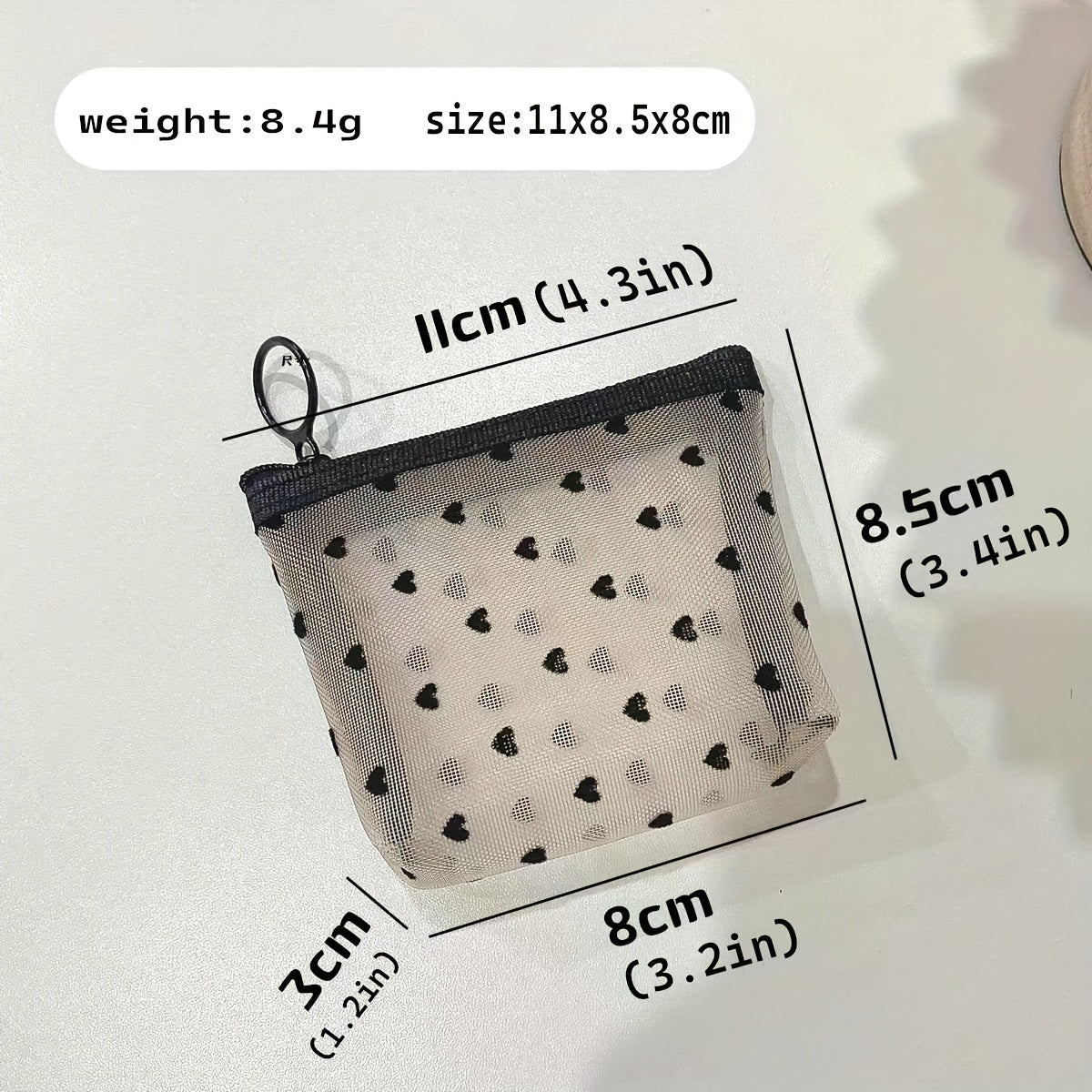 Heart Zipper Mesh Cosmetic Bag Portable Toiletry Bag For Women Girls