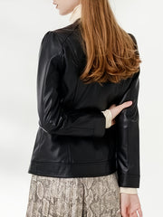 Faux Leather Zipper Coat Woven Pattern Slim Outerwear