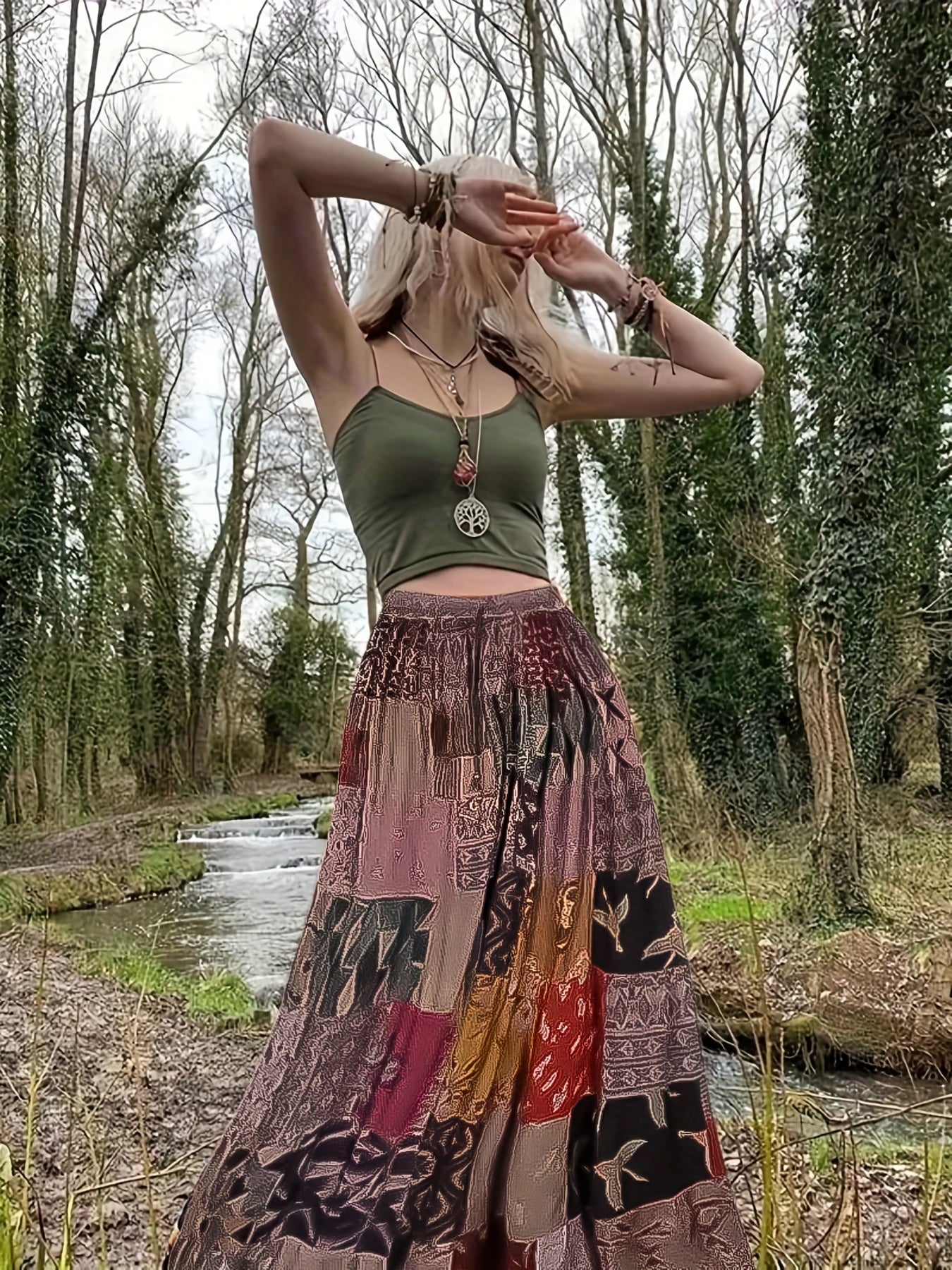 Hippie Patchwork Print Drawstring Skirt Boho Skirt Spring Summer Women's