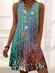 Graphic Print Sleeveless V Neck A Line Dress Women's Clothing