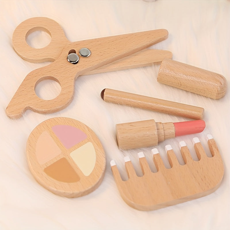 15pcs Wooden Playhouse Haircut & Makeup Set for Boys and Girls