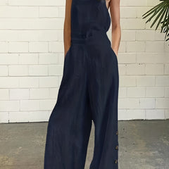 Backless Overall Jumpsuit Casual Solid Sleeveless Wide Leg Jumpsuit