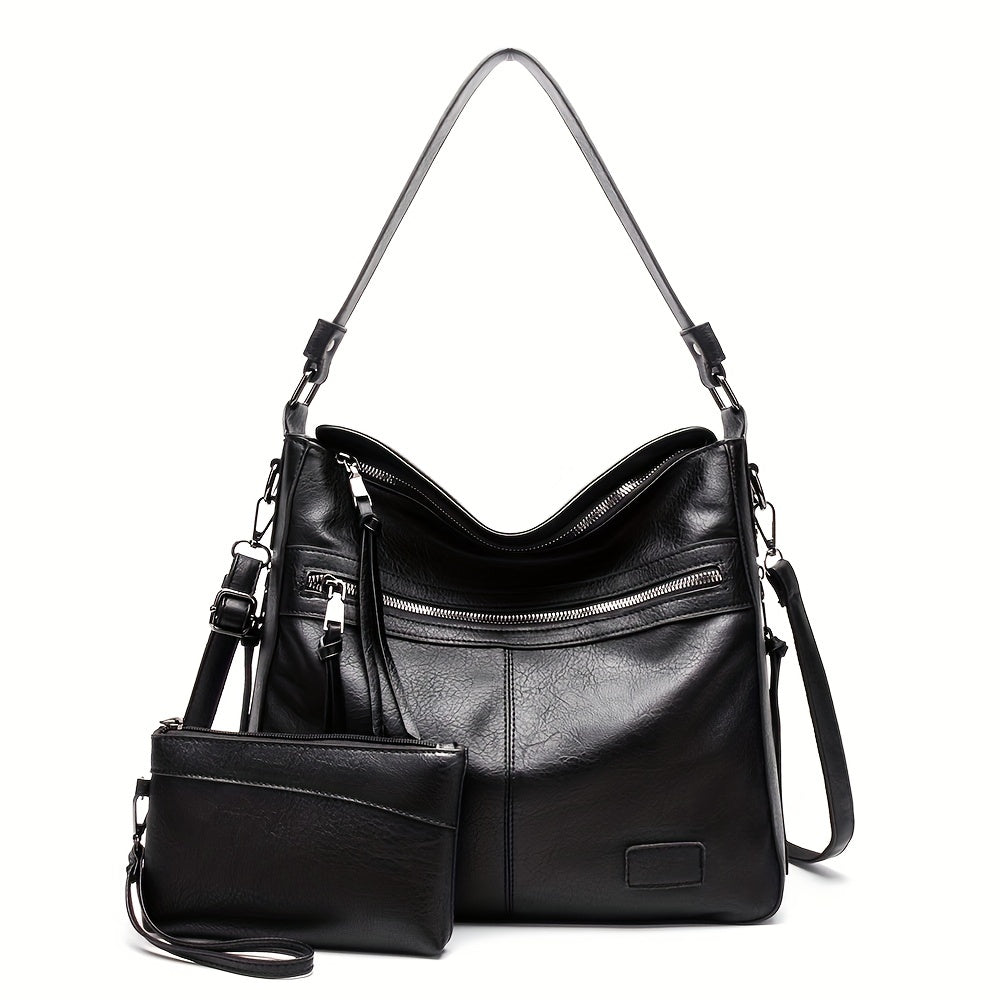 2pcs Large Capacity Tote Bag Set PU Leather Shoulder Wristlet Purse