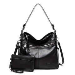 2pcs Large Capacity Tote Bag Set PU Leather Shoulder Wristlet Purse