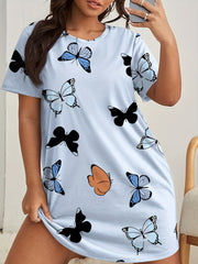 Butterfly Print Nightdress Short Sleeve Round Neck Sleep Dress