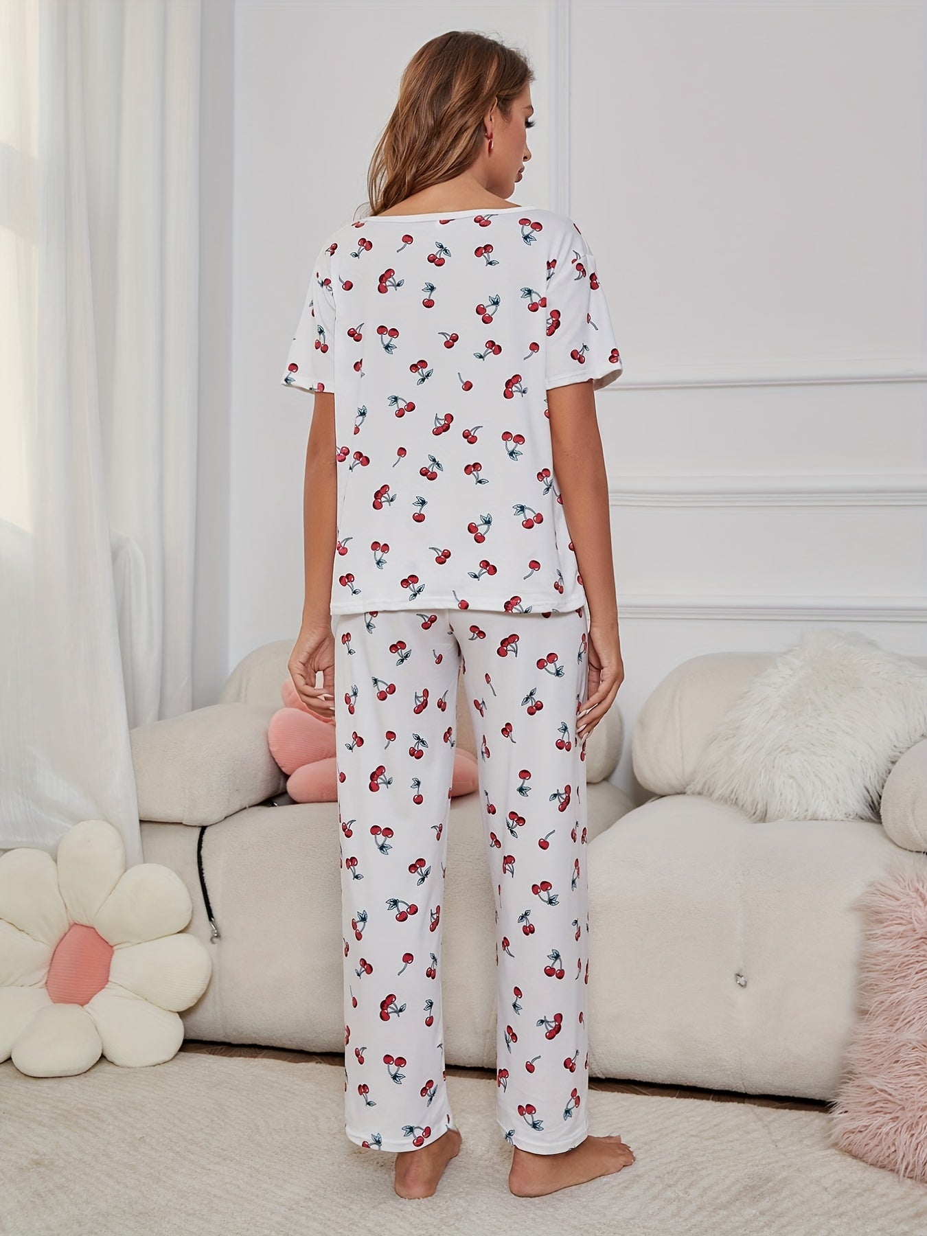 Cherry Print Pajama Set Short Sleeve Top & Pants