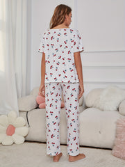 Cherry Print Pajama Set Short Sleeve Top & Pants