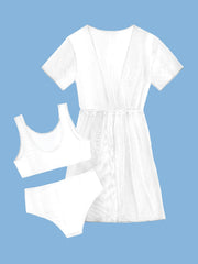 Girl's 3pcs Swimsuit Solid Bikini & Cover Up Set Tank Top & Briefs