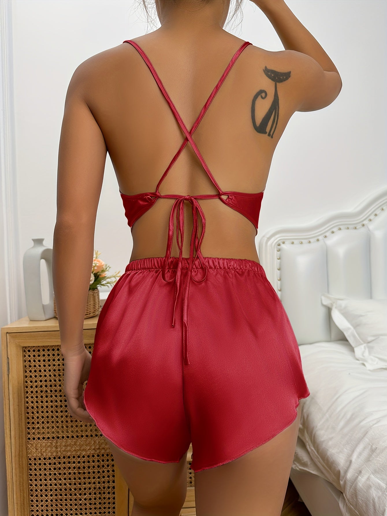 Satin Pajama Set V Neck Cami Top & Shorts Women's Sleepwear