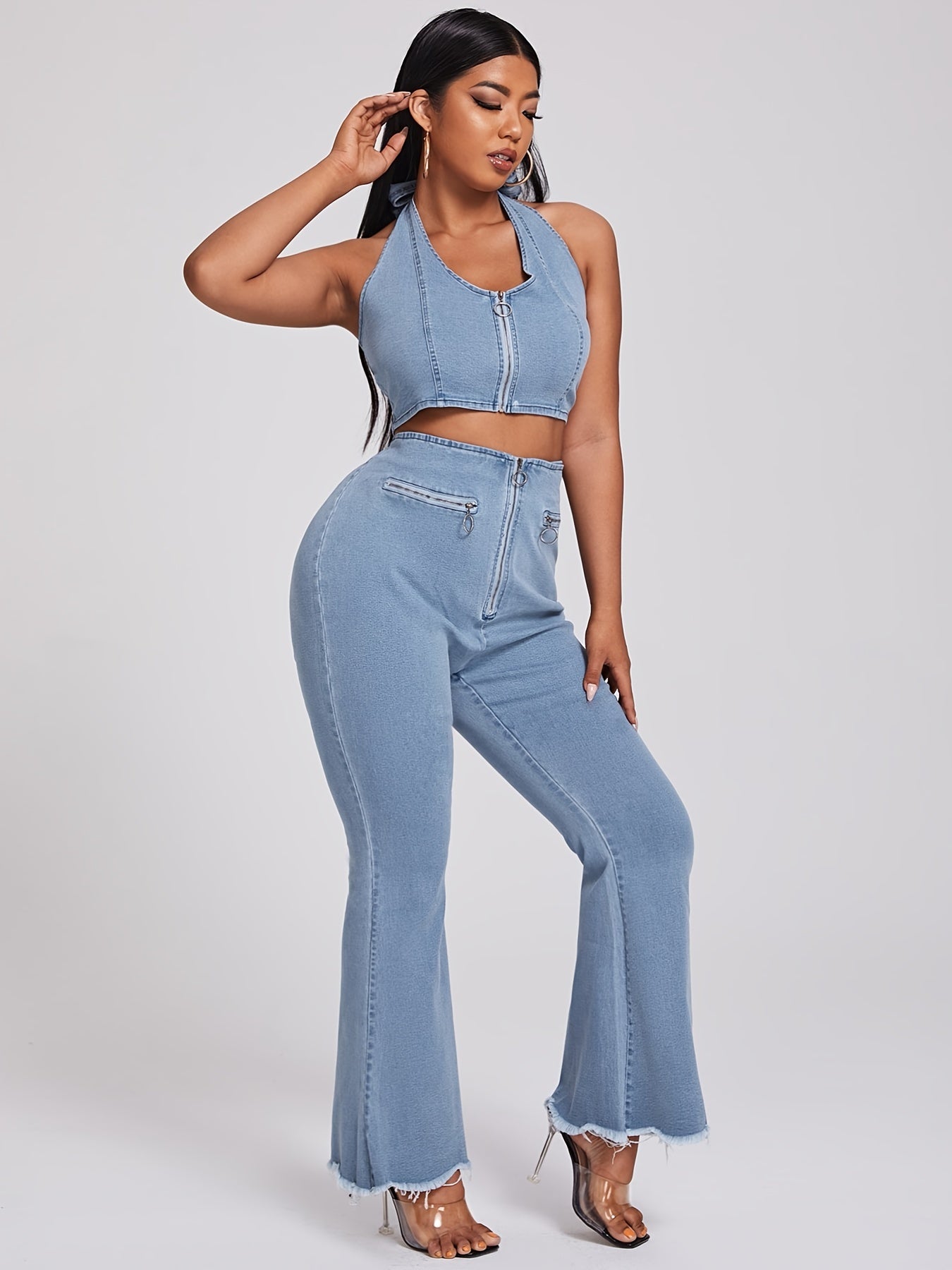 Y2K Denim Halter Neck Crop Top & Flared Leg Jeans Set Plus Size