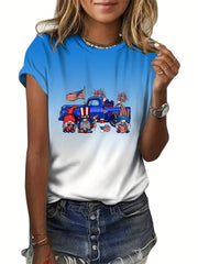 American Flag Cartoon Print Loose Short Sleeve T shirt