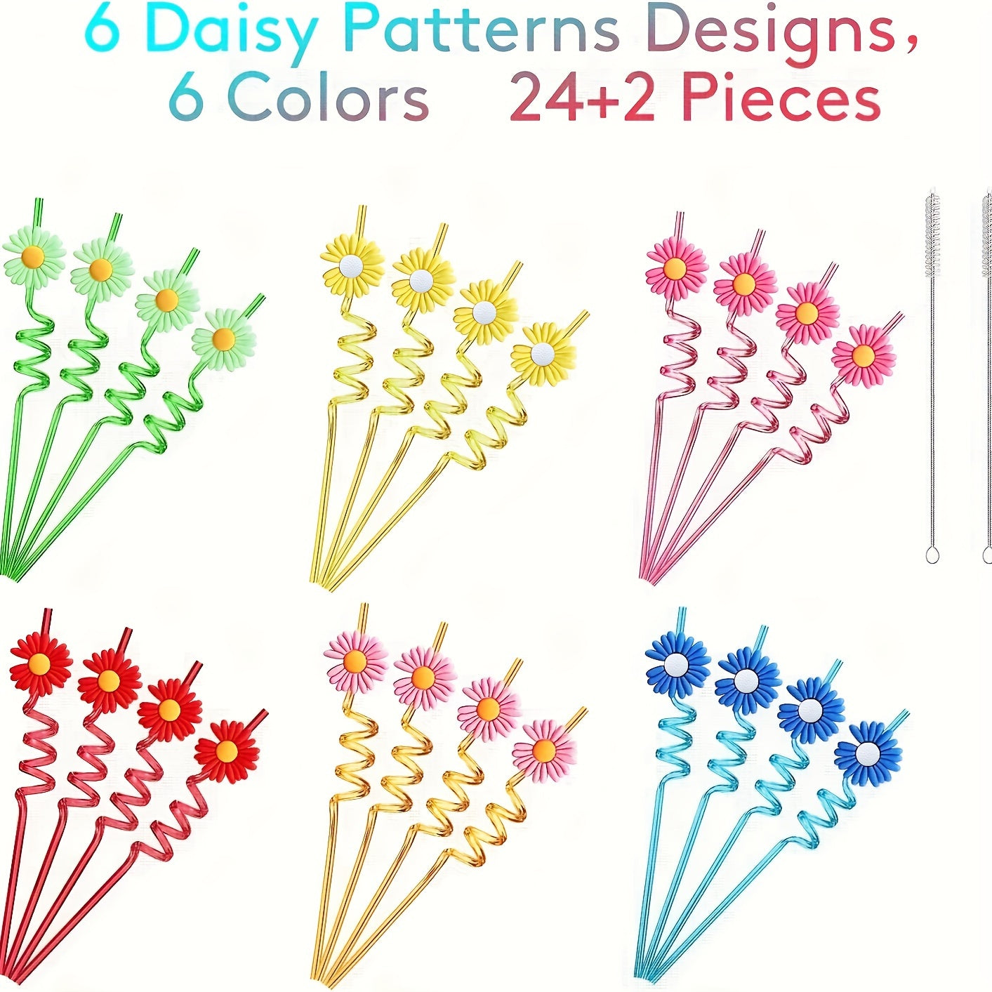 24pcs Daisy Flower Drinking Straws with Cleaning Brush for Summer Birthday Party